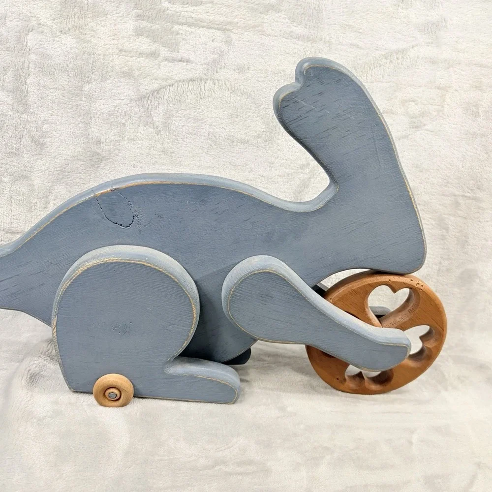 Blue Wood Bunny Rabbit On‎ Wheels Figure Decor Primitive Farmhouse Cottage Core